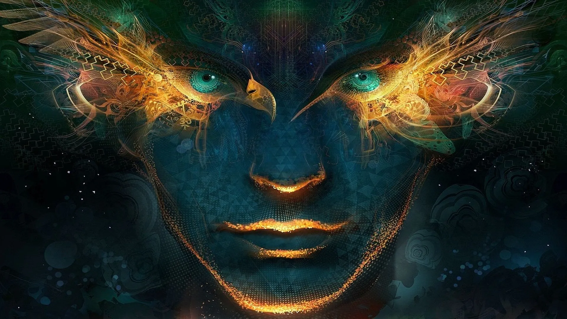 1006065-face-illustration-digital-art-abstract-wings-green-eyes-artwork-glowing-geometry-Android-Jones-darkness-screenshot-computer-wallpaper-fractal-art-special-effects-psyche